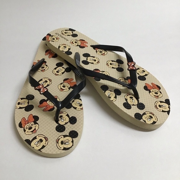 Disney Flip Flops Women’s SZ 10 1/2 Mickey and Minnie Mouse Sandals Red Bows Tan - Picture 2 of 9